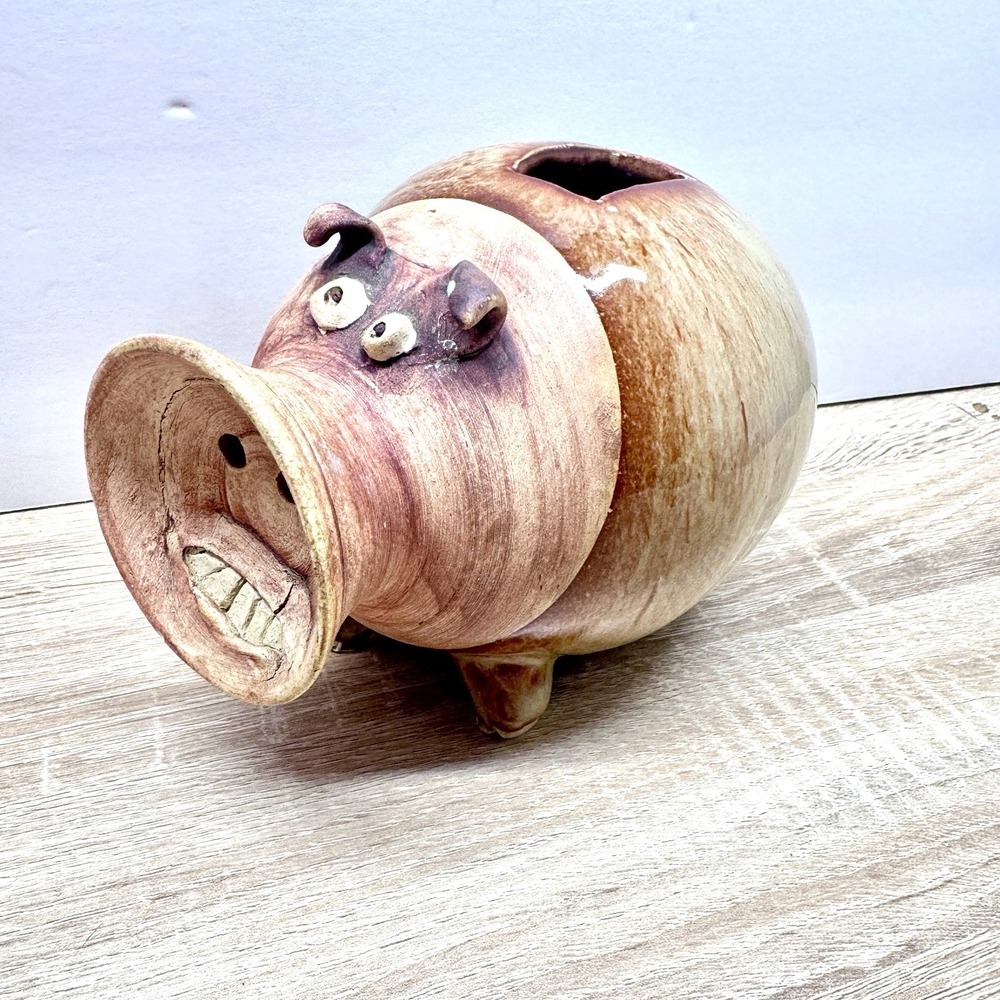 Signed Handmade Studio Pottery Piggy Bank Whimsical Folk Art Ceramic